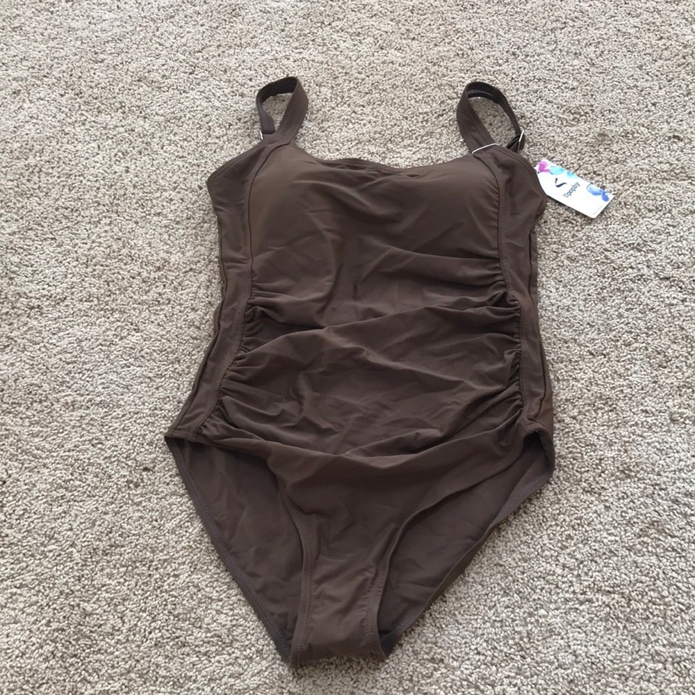 New! Upopby SZ 10 brown shirred one piece swimsuit.
